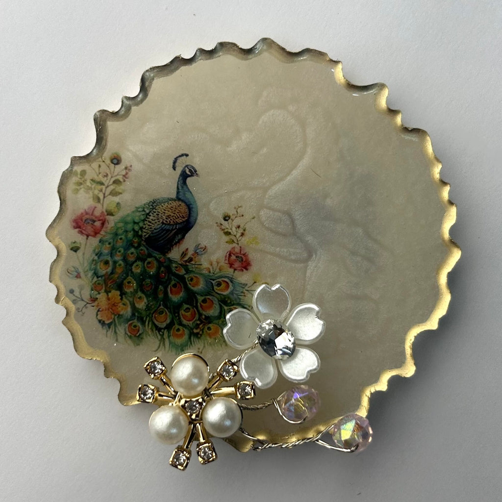 Pearl white with peacock design Resin Gini Platter 3-Inch for Wedding Shagun