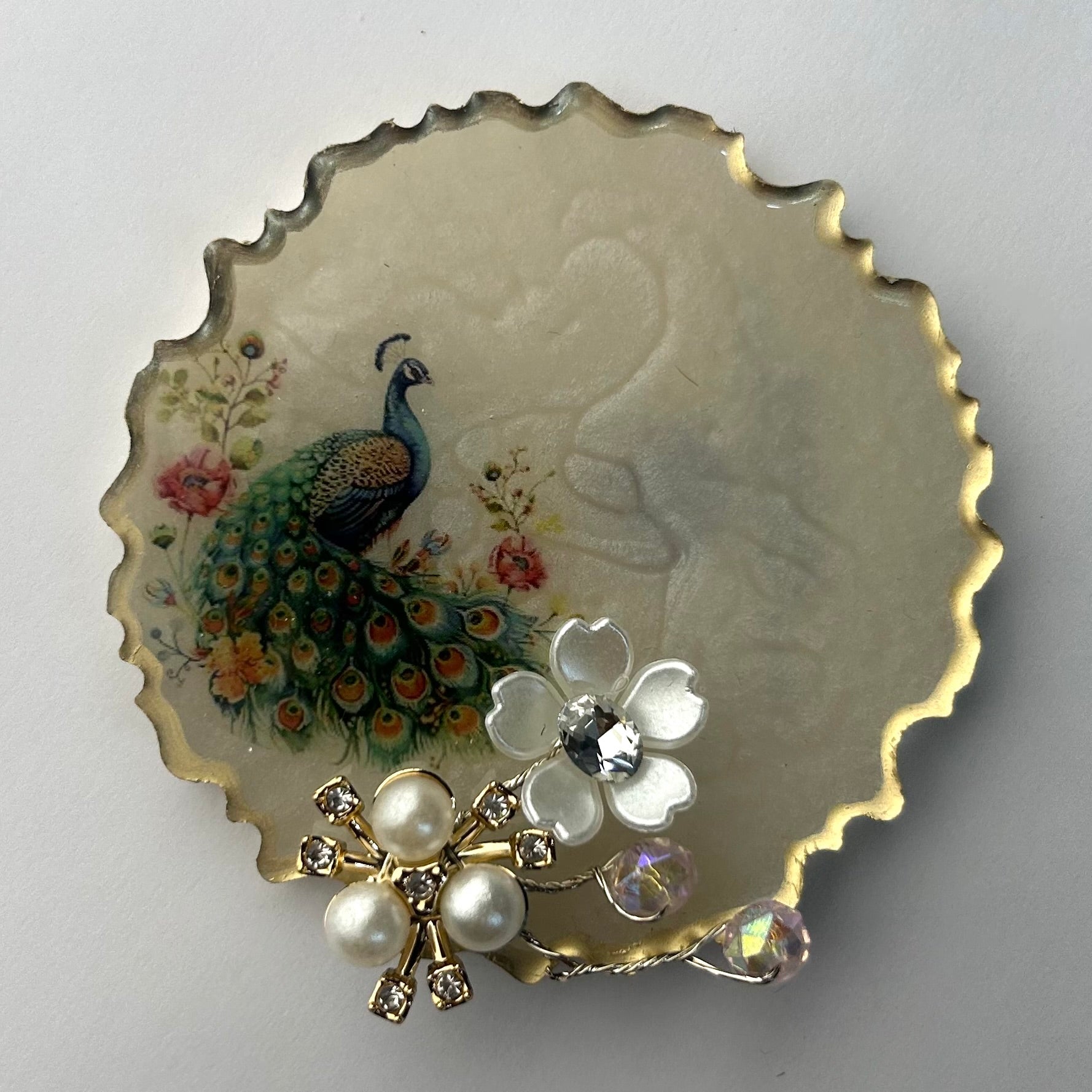 Pearl white with peacock design Resin Gini Platter 3-Inch for Wedding Shagun