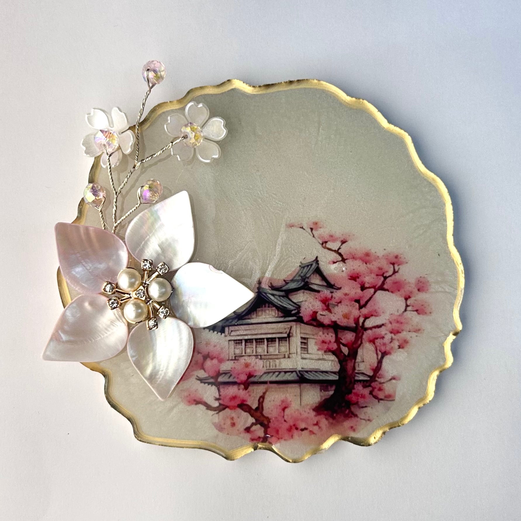 Cherry Blossom Resin Coin Platter | Mother of Pearl Gifting Tray - Purperellaa