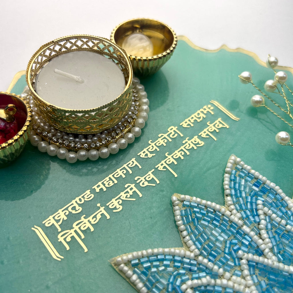 8-Inch Sea Green Resin Pooja Thali with Beaded Lotus | Ganpati Shloka Aarti Tray - Purperellaa