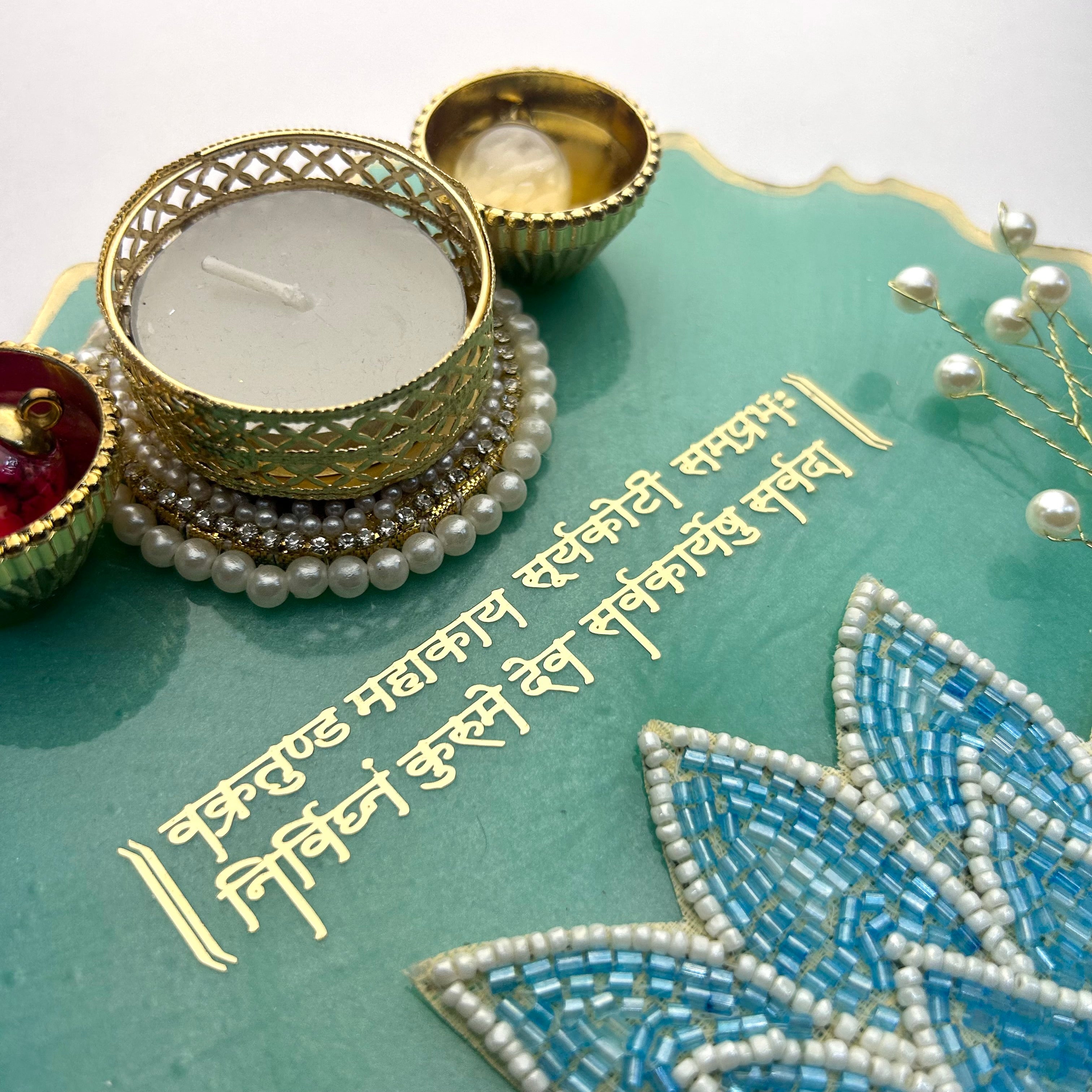 8-Inch Sea Green Resin Pooja Thali with Beaded Lotus | Ganpati Shloka Aarti Tray - Purperellaa