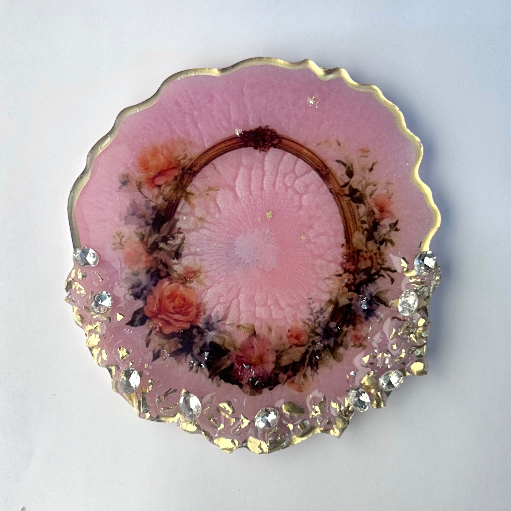 Luxury Pink Floral Resin Gini Platter | Handcrafted Crystal Studded Coin Tray by Purperellaa