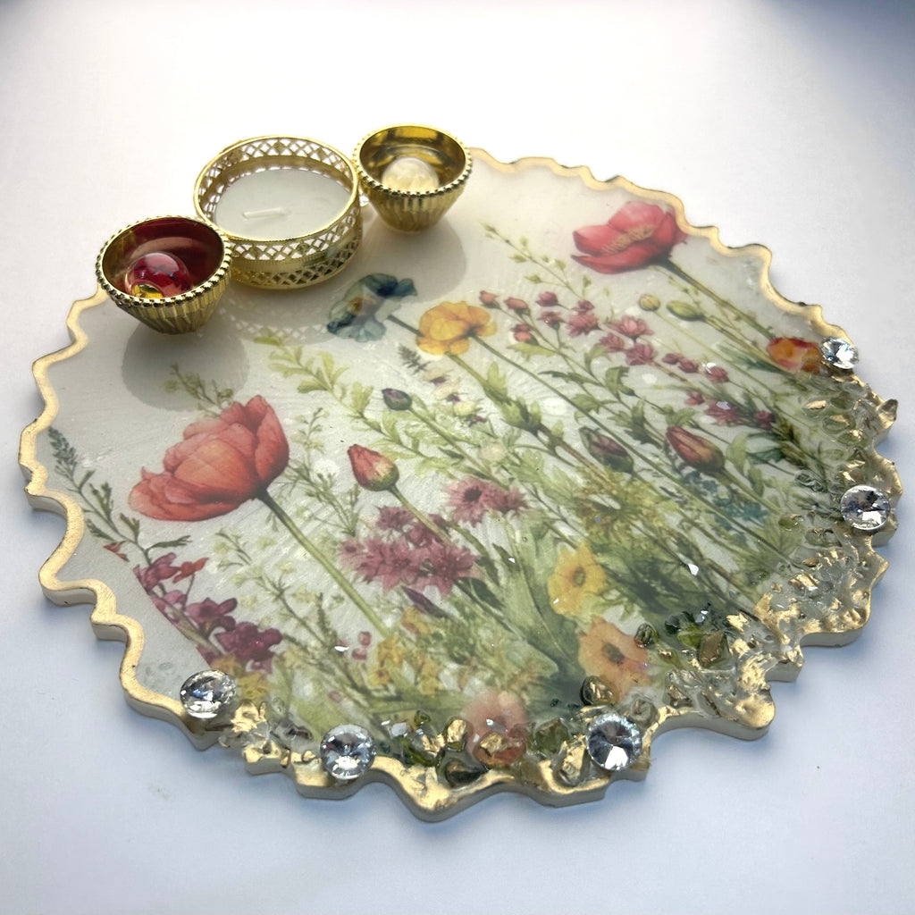 8-Inch Wildflower Resin Pooja Thali with Diya Holders | Luxury Aarti Tray - Purperellaa