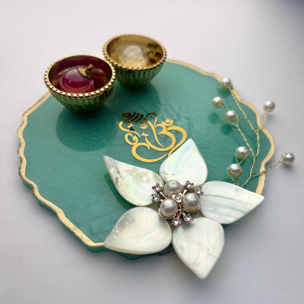 Luxury Mini Resin Shagun Tilak Thali (5”) | Ganesha Gifting Platter - Purperellaa