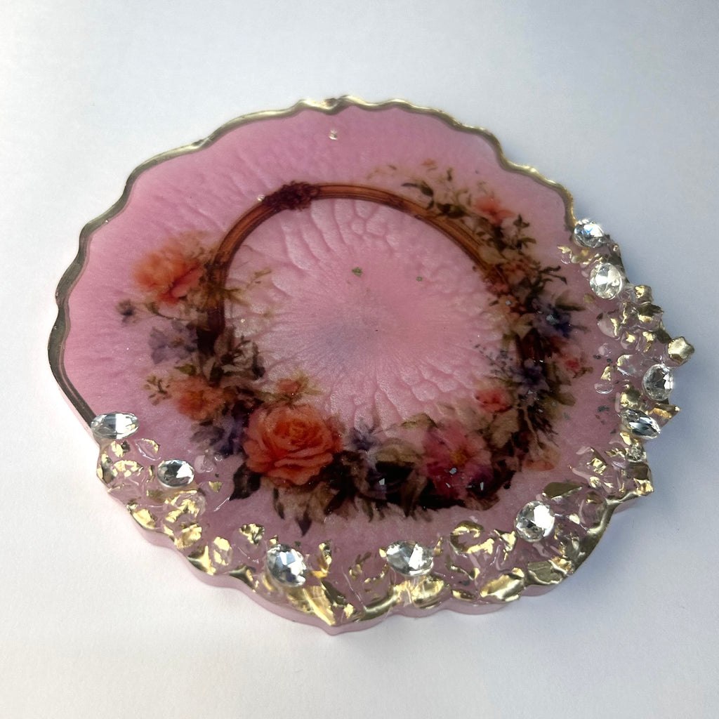 Luxury Pink Floral Resin Gini Platter | Handcrafted Crystal Studded Coin Tray by Purperellaa