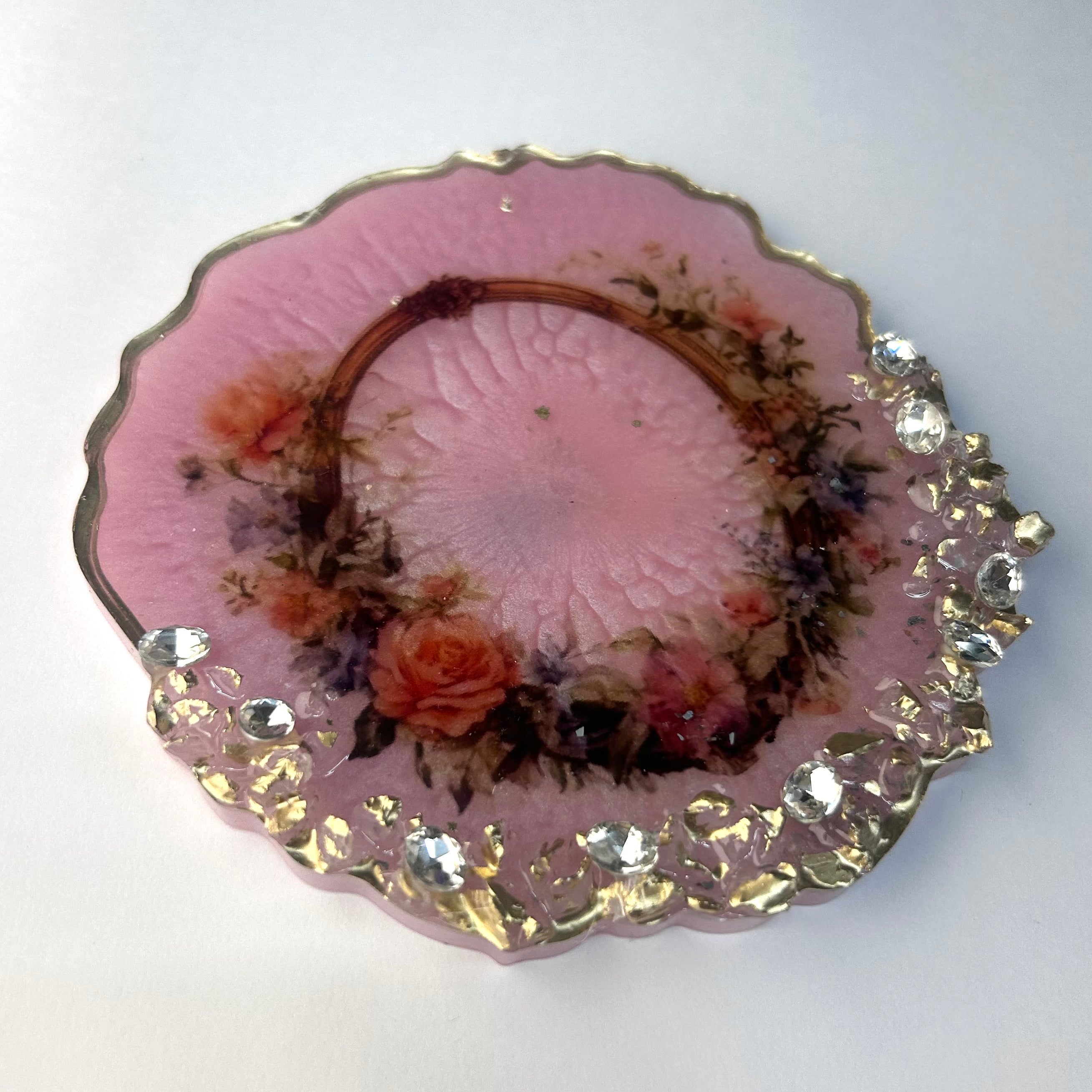 Luxury Pink Floral Resin Gini Platter | Handcrafted Crystal Studded Coin Tray by Purperellaa