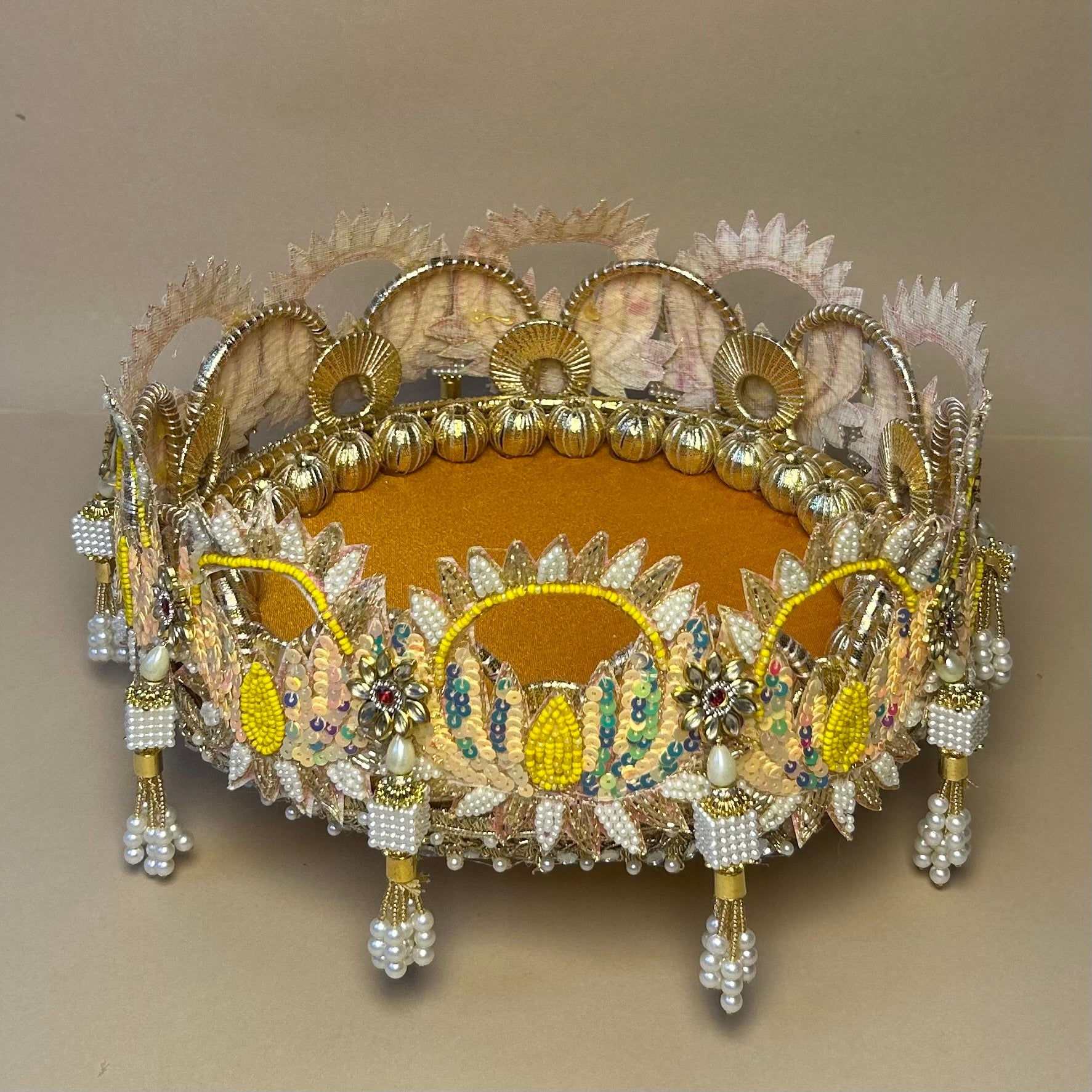 Mustard Yellow & Gold Designer Pooja Thali - Handcrafted Sequin Work Platter