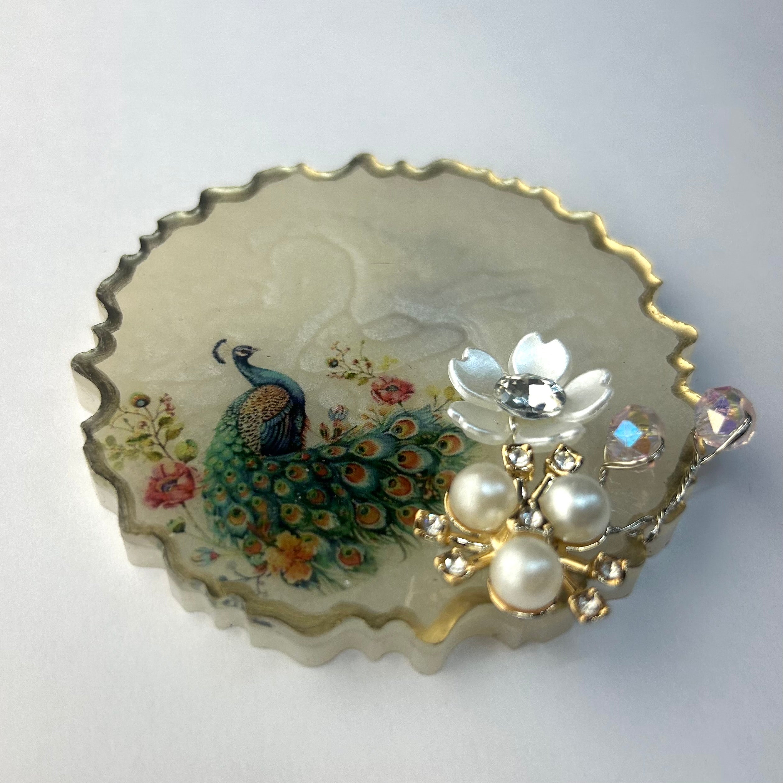 Pearl white with peacock design Resin Gini Platter 3-Inch for Wedding Shagun