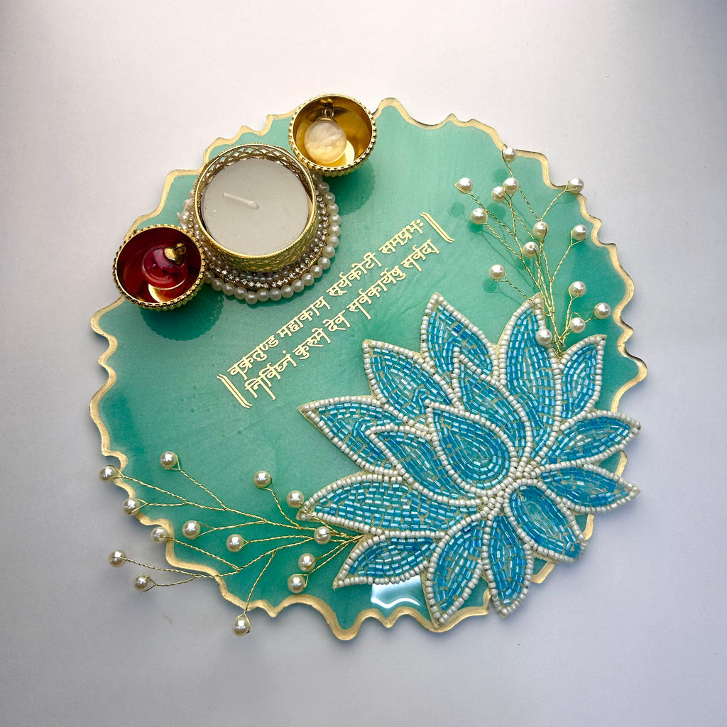 8-Inch Sea Green Resin Pooja Thali with Beaded Lotus | Ganpati Shloka Aarti Tray - Purperellaa