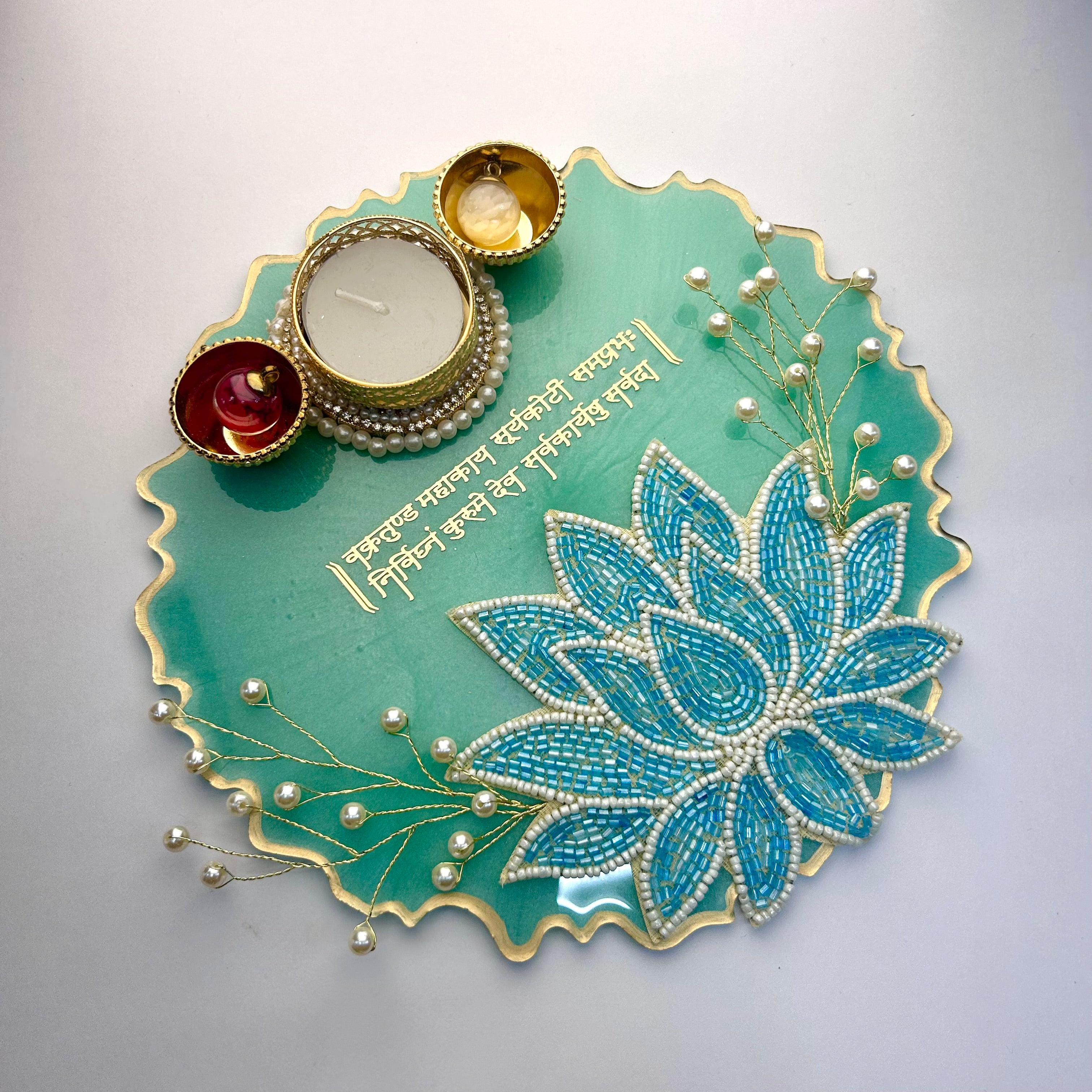 8-Inch Sea Green Resin Pooja Thali with Beaded Lotus | Ganpati Shloka Aarti Tray - Purperellaa