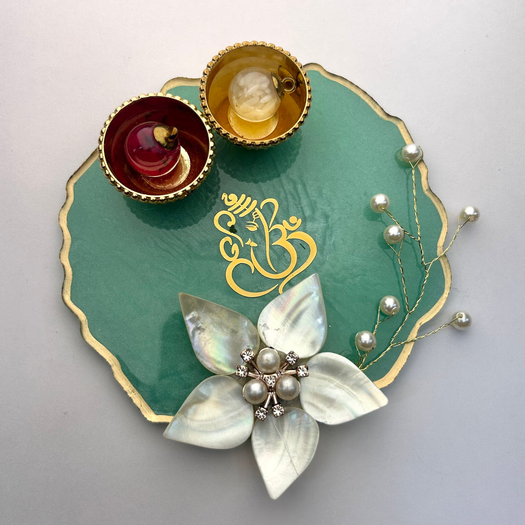 Luxury Mini Resin Shagun Tilak Thali (5”) | Ganesha Gifting Platter - Purperellaa