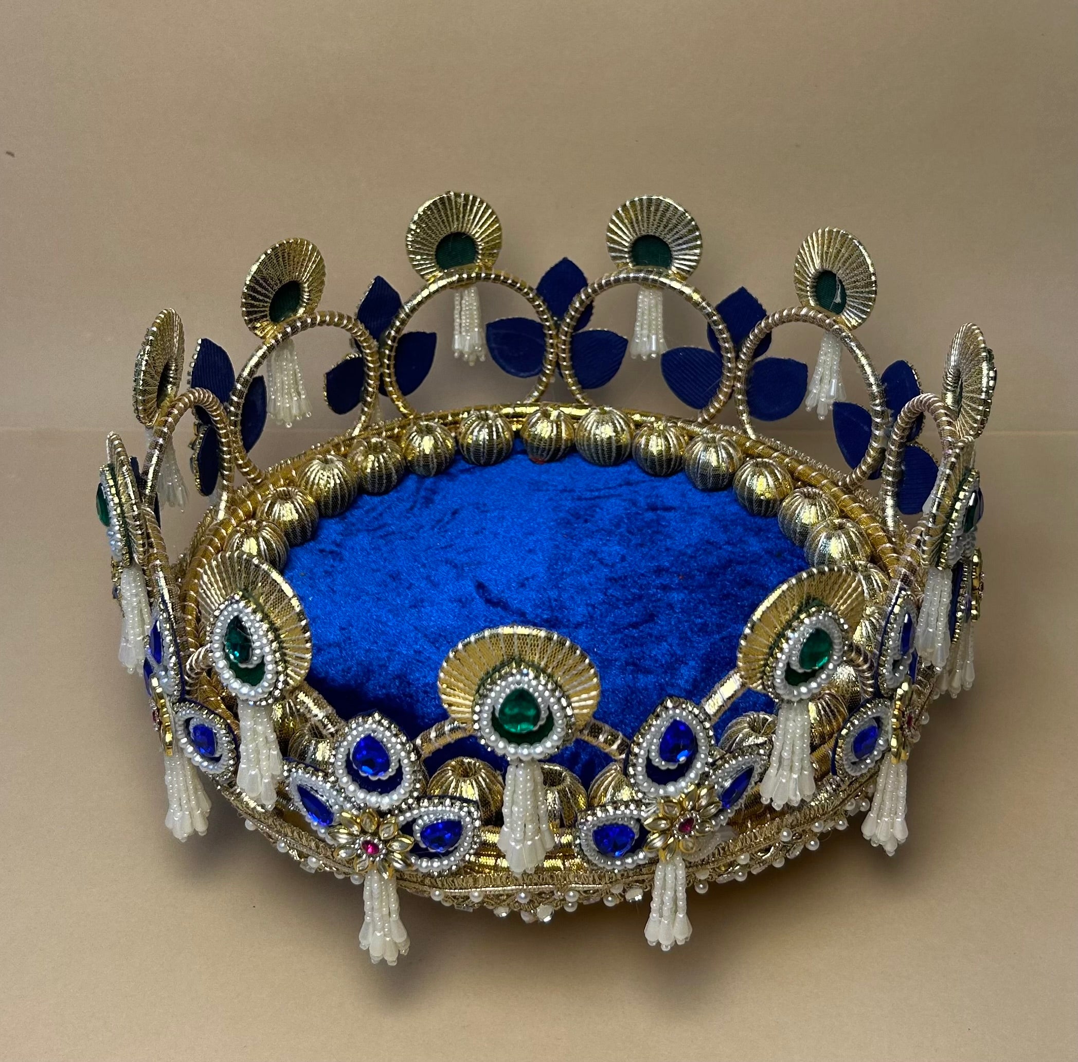 Royal Blue Velvet Pooja Thali - Handcrafted Decorative Platter for Weddings, Festivals, and Rituals
