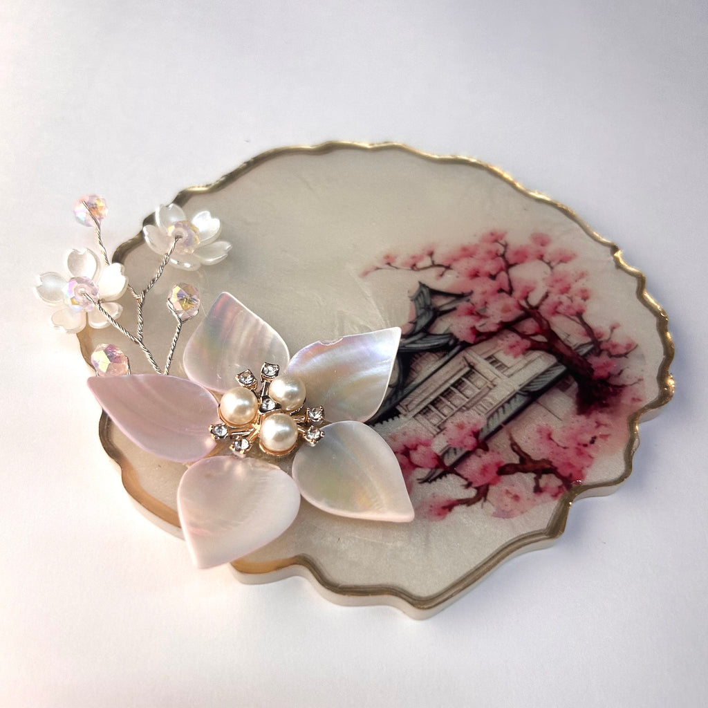 Cherry Blossom Resin Coin Platter | Mother of Pearl Gifting Tray - Purperellaa