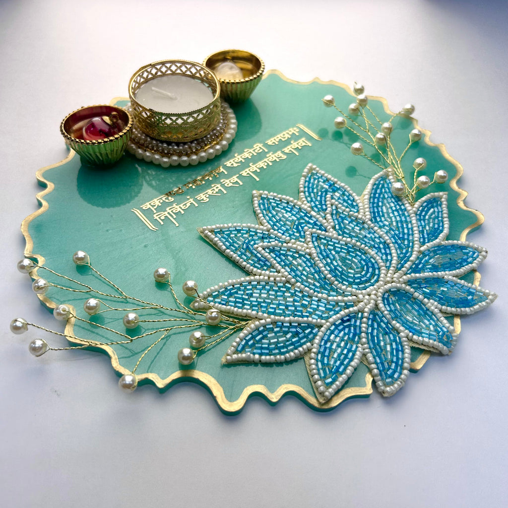 8-Inch Sea Green Resin Pooja Thali with Beaded Lotus | Ganpati Shloka Aarti Tray - Purperellaa