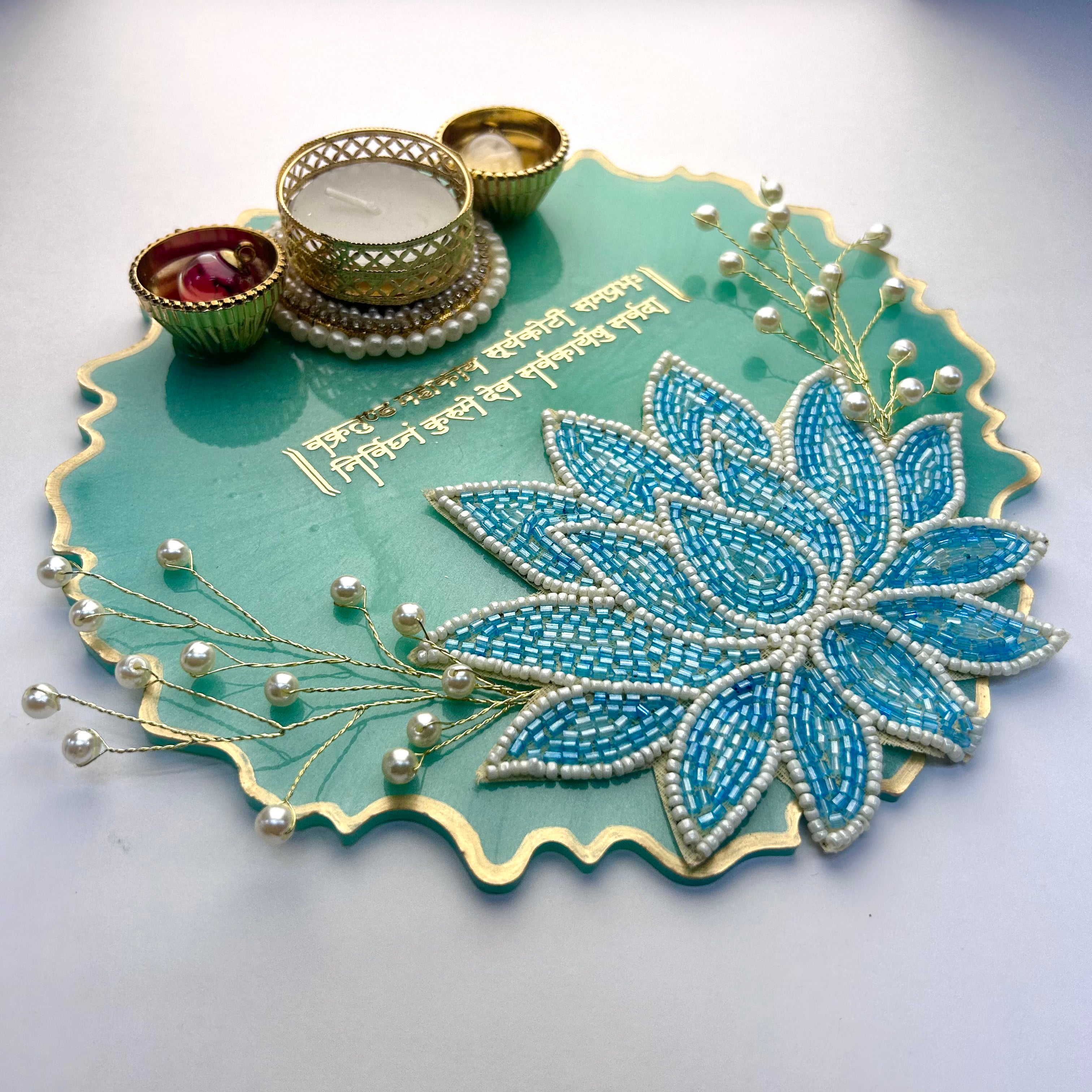 8-Inch Sea Green Resin Pooja Thali with Beaded Lotus | Ganpati Shloka Aarti Tray - Purperellaa