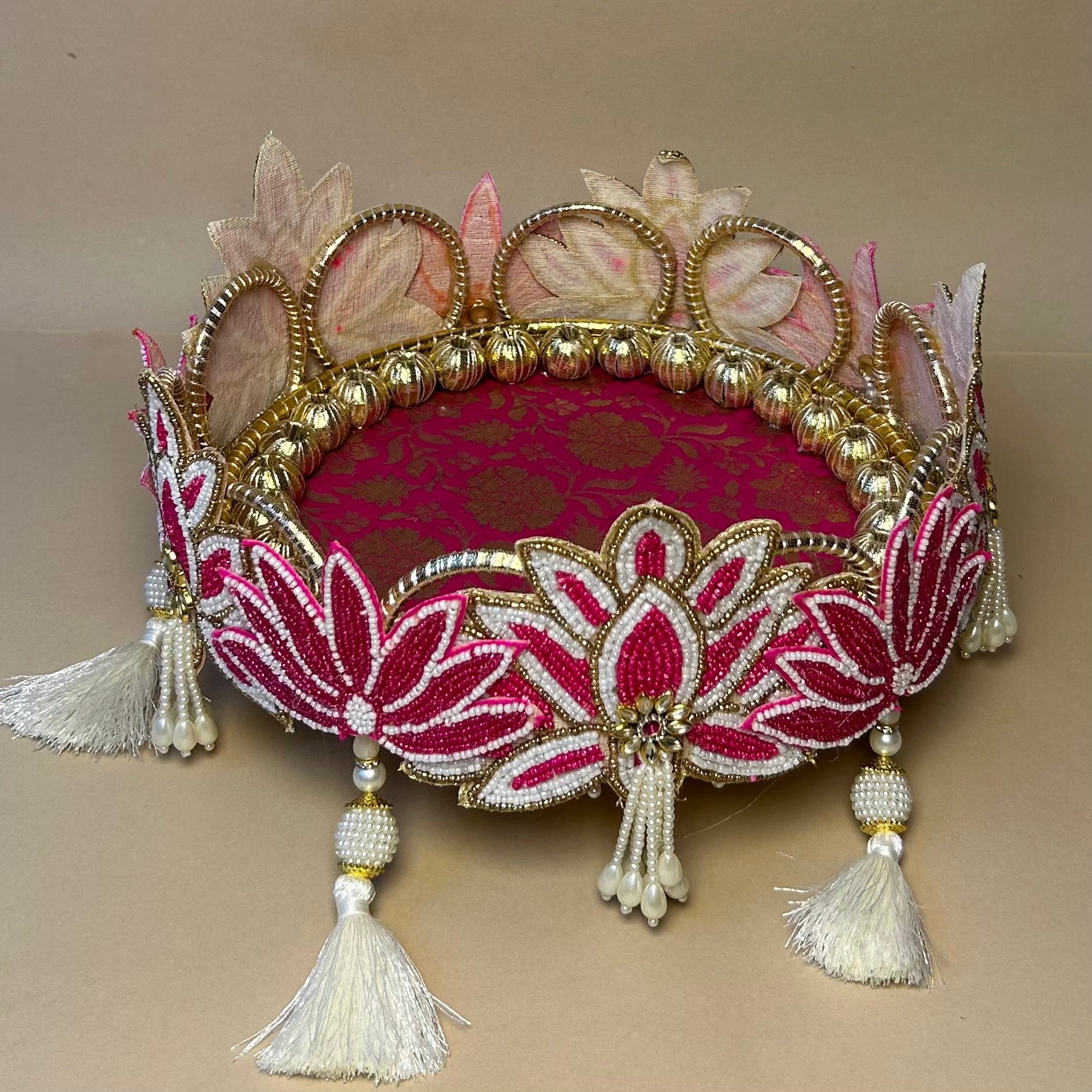 Pink Lotus Designer Pooja Thali - Handcrafted Pearl & Beadwork Platter for Festivals
